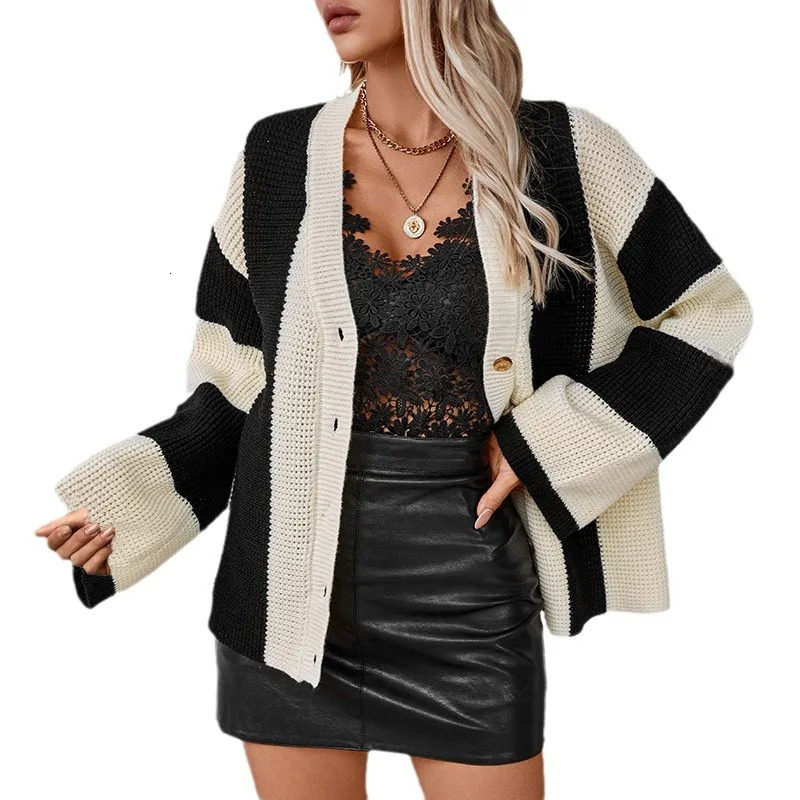 YJKDYK Autumn Winter Womens Knitted Cardigans Female Contrast Strips Vneck SingleBreasted Sweater Warm Knitwears 250108