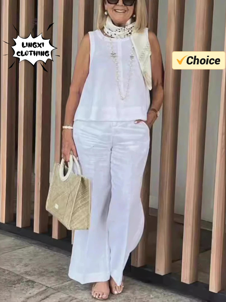 Summer Fashion Womens Matching Collection Round Neck Sleeveless Top High Waist Wide Leg Pants Casual Two Piece Set 250106