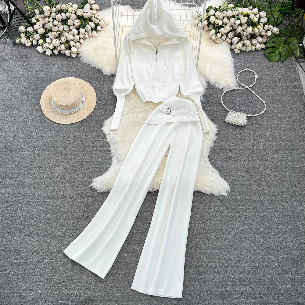 REALEFT Autumn Winter 2 Pieces Womens Sets Knitting Tracksuit Zipper Hooded Sweater and Wide Leg Pants Suits 250106