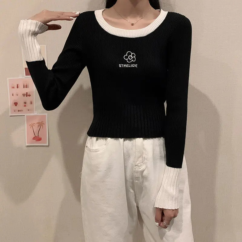 Spring Autumn Screw Thread Letter Flower y Womens Clothing Pullover Long Sleeve Sweater Knitted Round Neck Tops 250108