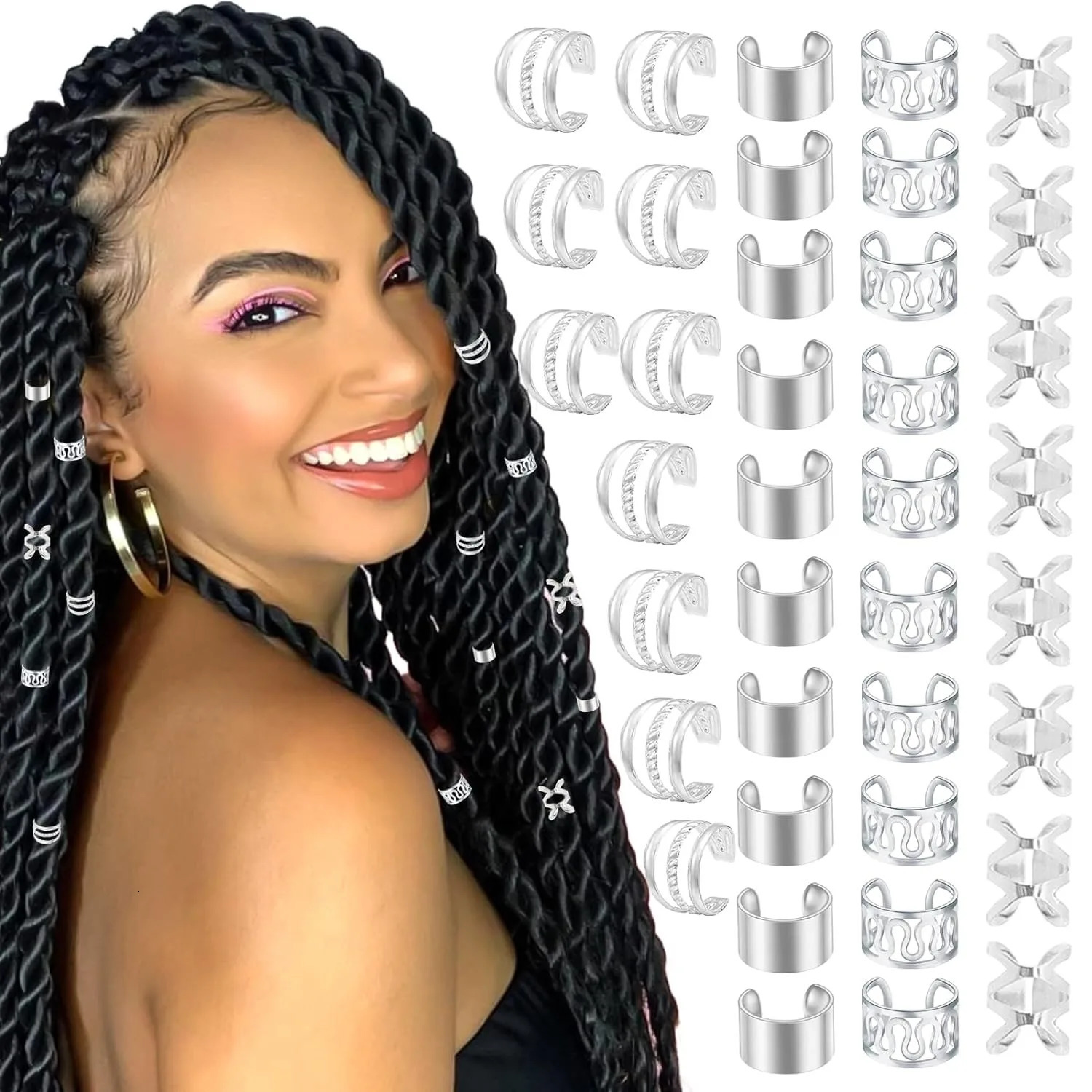 40PCS Hair Jewelry for Braids Gold Cuffs Multi Style Rings Adjustable Beads Braid Loc Dreadlock Accessories 241228