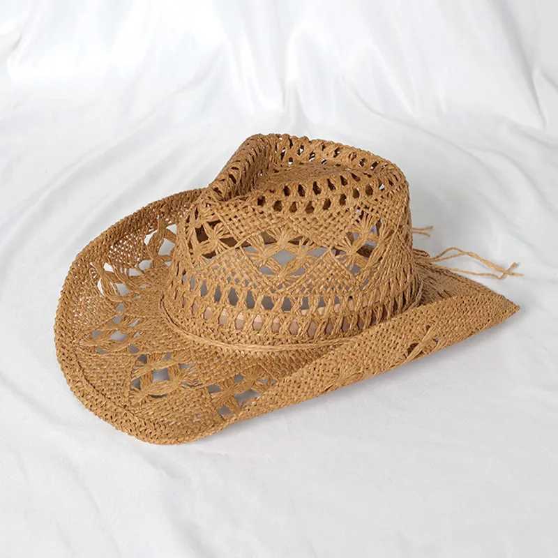 Cowboy hat fashion hollow handmade cowboy straw hat mens summer outdoor travel beach hat unisex solid color western cowboy hat X250329