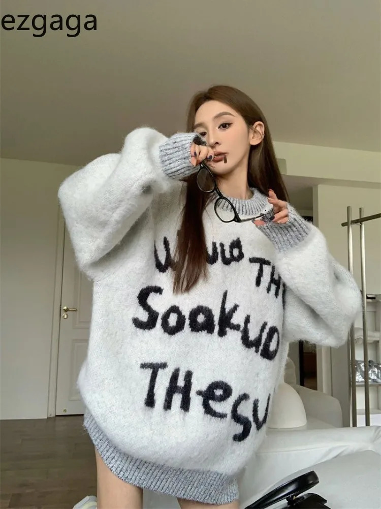 Ezgaga Knitted Sweater Women Vintage Autumn Winter Fashion Letter Printed O Neck Loose Stretch Pullover Ladies Jumper 250108