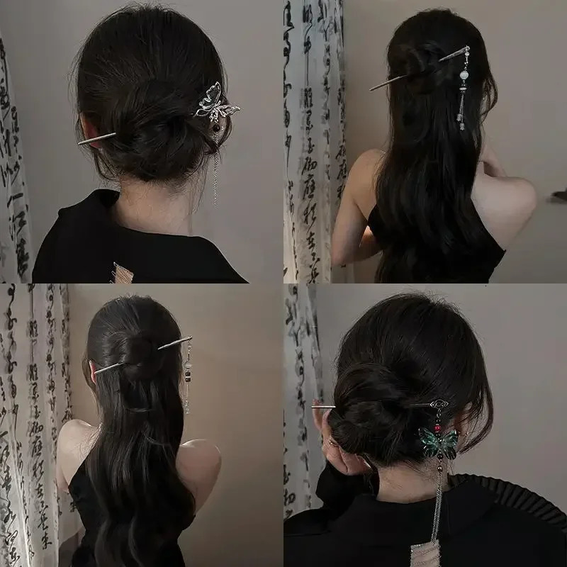 Chinese Style Butterfly Flower Tassel Hair Stick for Women Vintage Metal Hanfu Chopstick Sticks Accessories 241228