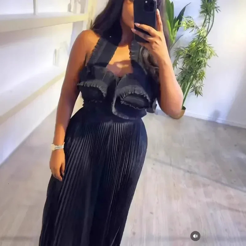 Europe America and Africa Miyake Pleated Print Black Butterfly Animal Flower Top Wideleg Straight Pants Twopiece Set 250106