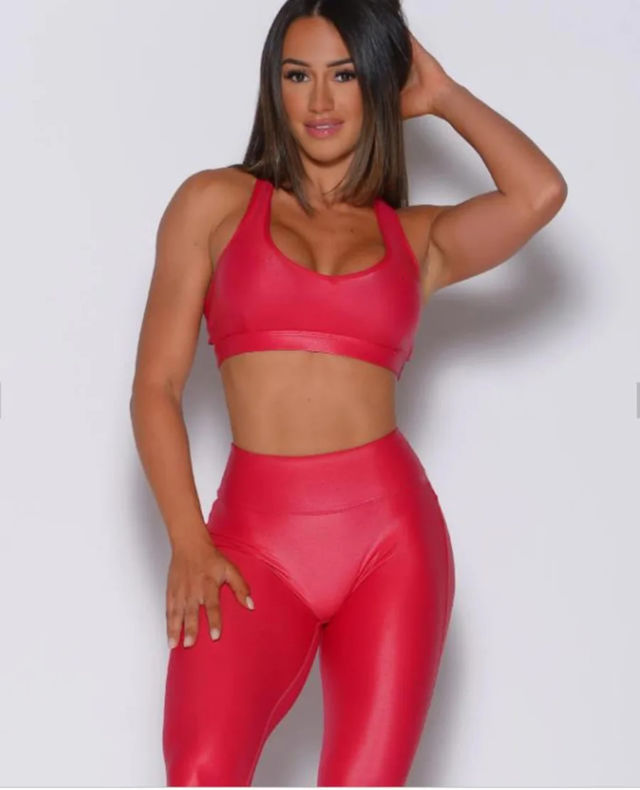 Pmwrun Womens Active Wear Bomb Shiny Fabric Leather Like Quick Dry Sport Bra Top High Waist Legging Yoga Set 250109