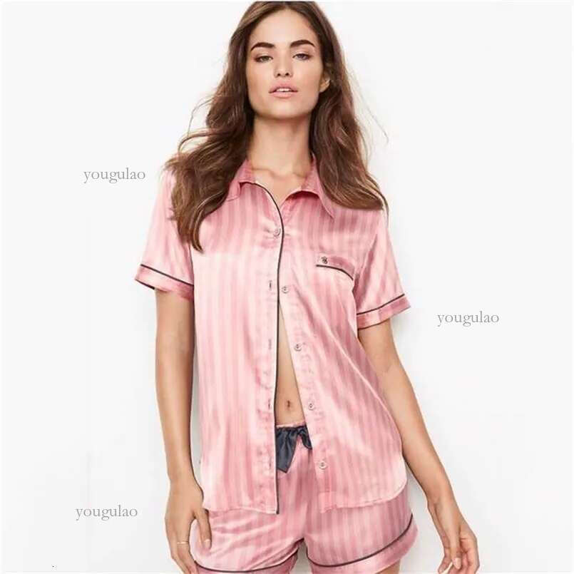 Summer Pajamas for Women Satin Silk Stripes Sleepwear Pyjamas Short Pink Loungewear Pjamas Ladies Home Suit Homewear Woman 220802