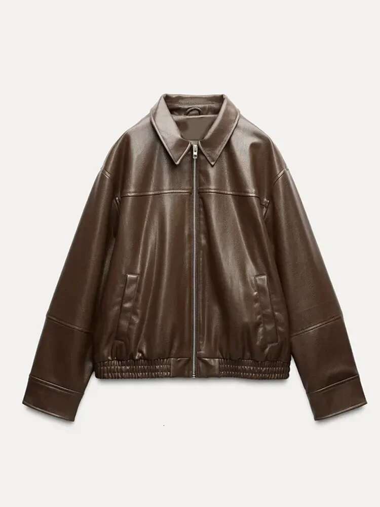 Vintage Chocolate Pu Leather Spring Jacket Women Fashion Zipper Long Seleeve Pocket Short Coat New Autumn Ladies High Streetwear