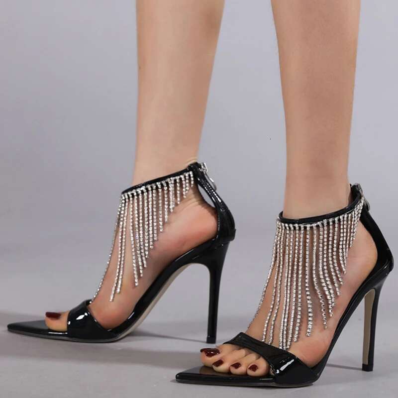 Sexy Stiletto Tasseled Rhie Women Back Zipper Sandals Pointed Toe Pumps Wedding Party Dress Shoes