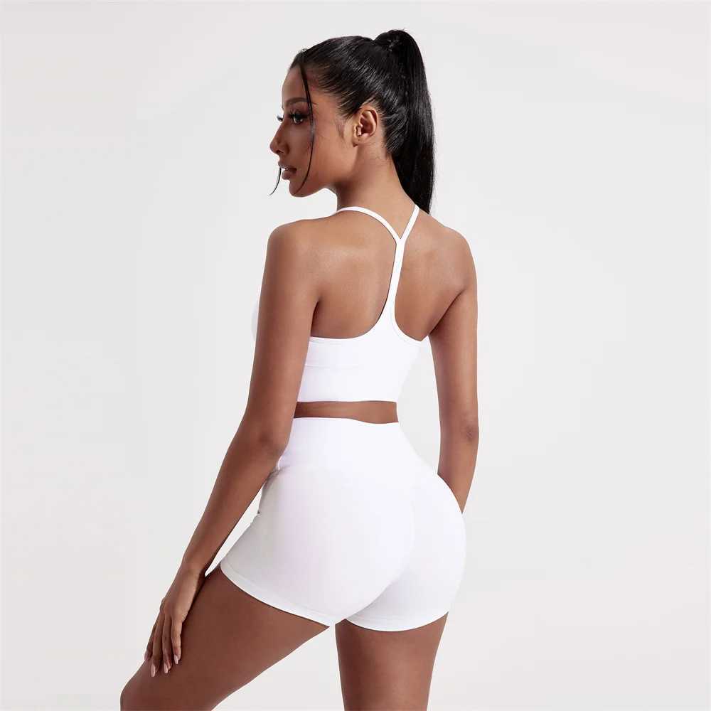 Sexy Solid Color Women Gym Yoga Short Leggings Set Cross Back Y Shape Sports Bra+High Waist Sports Short Leggings 2pc AthleticXJ250109