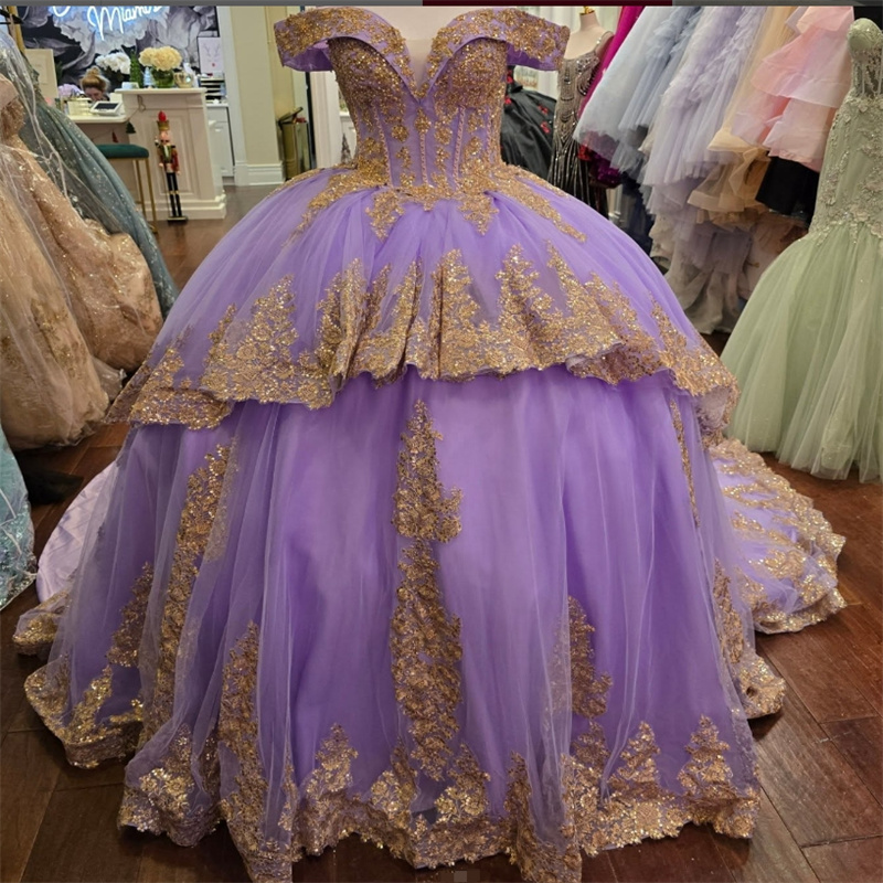 Luxury Lilac With Gold Vestidos De 15 Quinceanera Off Shoulders Princess Vestidos De Xv Anos Sweet 16 Dress Birthday Party Debutante Corset Lace Puffy
