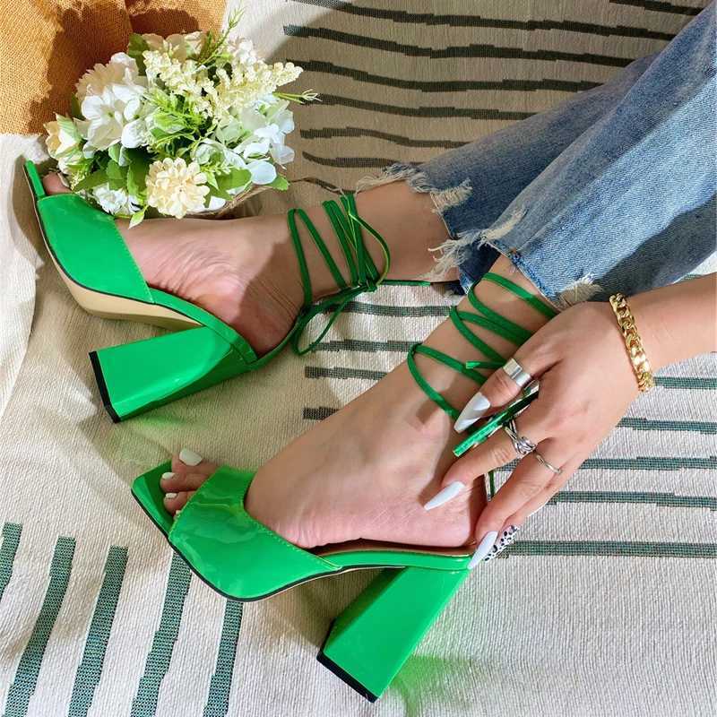 Summer Green Ankle Cross Strap Sandals Women Patent Leather Square High Heels Fashion Open Toe Party Dress Shoes Size 42 250110