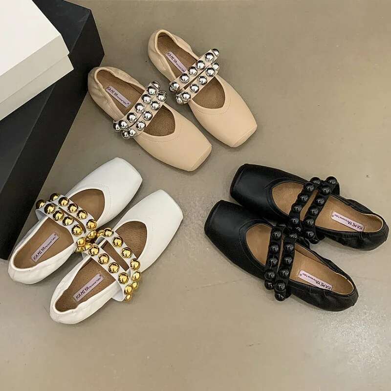 Rivet Designer Mary Jane Flat Retro Shallow Comfort Fashion Dress Shoe New Square Toe Soft Soled Brand Ballet Shoes