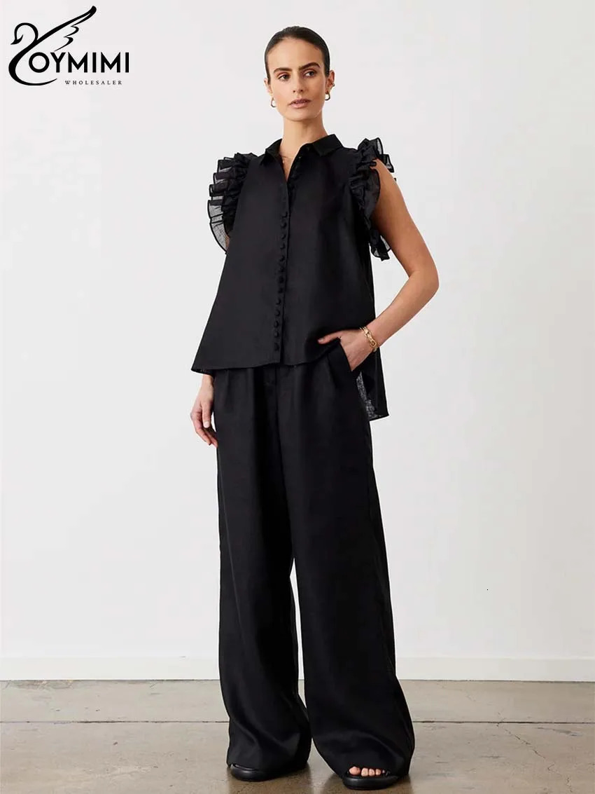 Oymimi Elegant Cotton Black Womens 2 Piece Outfit Set Fashion SingleBreasted Sleeveless Ruffled Shitrs And Simple Trousers Sets 250106