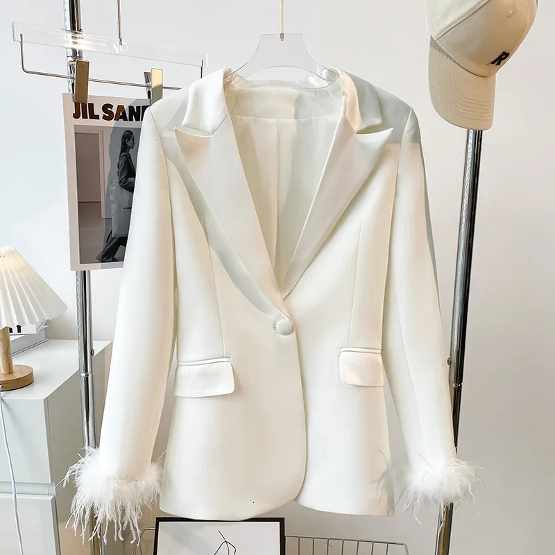 Blazer PantSuits White Real Feathers Sleeve Single Button Party Office Business Wear Suit Lapel Jacket Pants Two Piece Sets 250106