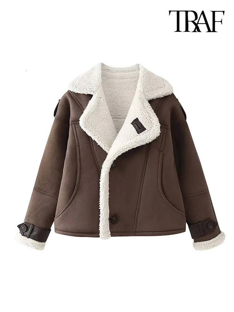 TRAF Womens High Street n Suede Lamb Fur Warm Jacket Coat Autumn and Winter Lapel Fashion Elegant Tops 250103
