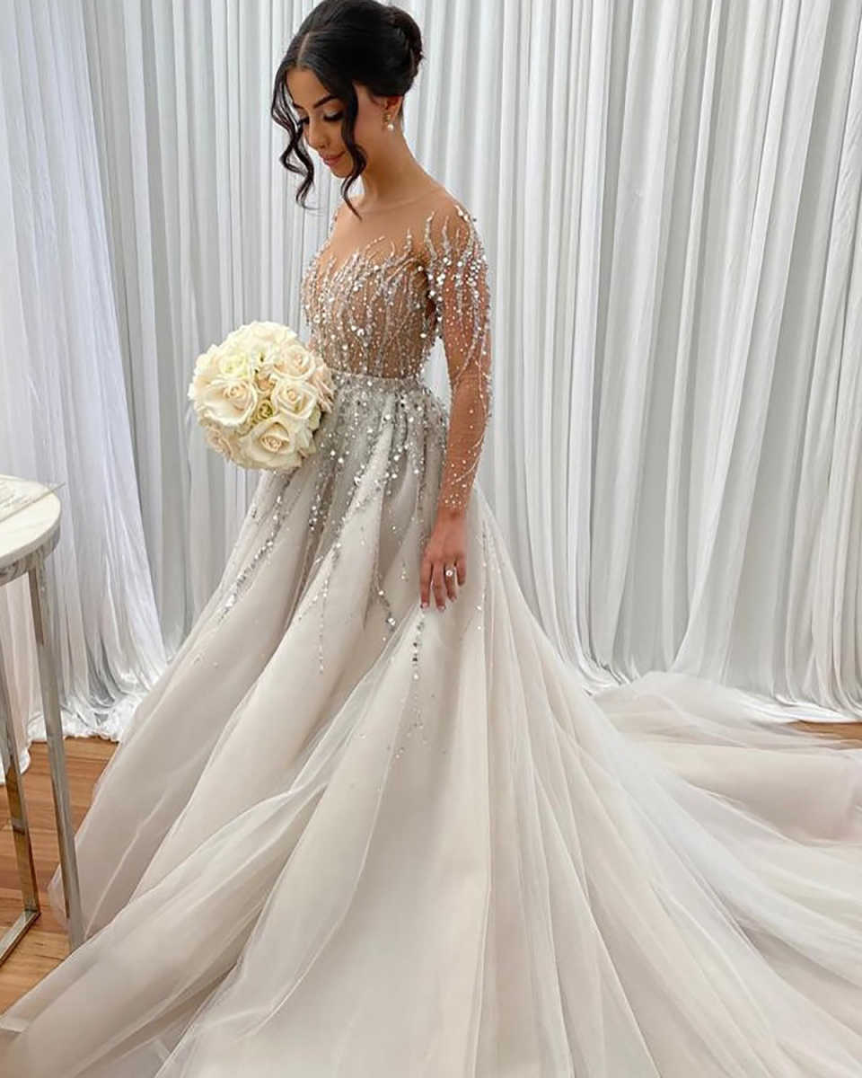 African Mermaid Wedding Dress Sheer Neck Full Sleeves Beaded Sequins Vintage Elegant Bridal Gowns With Detachable Train