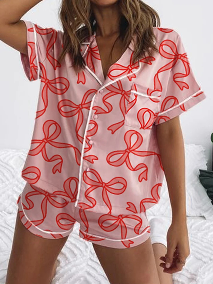 Womens Valentines Day Satin Pajamas Short Sleeve Heart Bow Strawberry Print Shirt Shorts Sleepwear Sets S M L 250110
