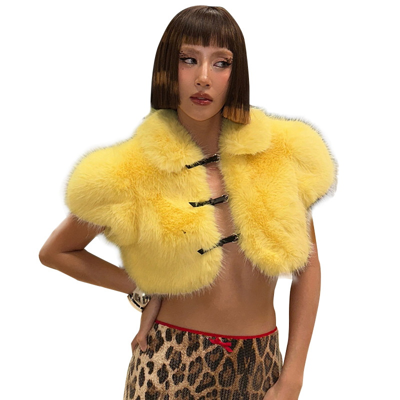 Women's Jackets Faux Fur Women Jackets Crop Top Turn Down Collar Short Sleeves Belt Buckles Cardigans Coat Fashion Warm Vest Outerwear