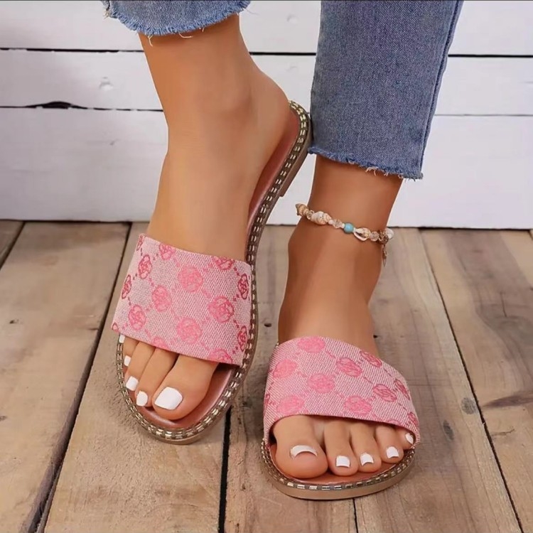 Fashion Designer Shoes Slipper Women Summer Sandals Flat Sole Flower Print Slip-on Beach Slides Shoes