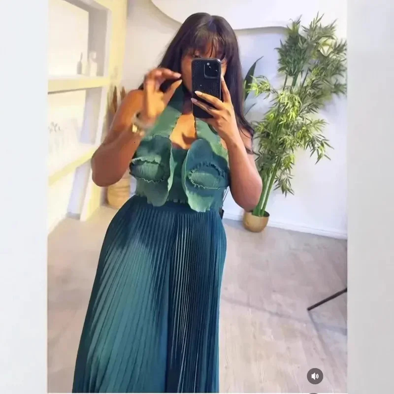 Europe America and Africa Miyake Pleated Print Black Butterfly Animal Flower Top Wideleg Straight Pants Twopiece Set 250106