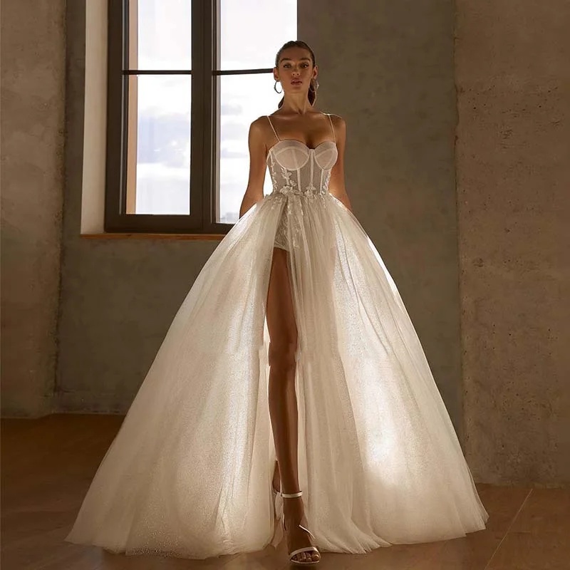 A-e Bridal Dress with Sequins and Appliques - Spaghetti Strap Sweetheart Neck Split Side Gown, Sweep Train, Customizable