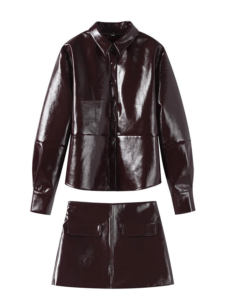 Casual Leather Jacket Skirt Set for Women 2 Pieces Lapel Single Breasted Top Mini Skirts Autumn Lady Y2k Allmatching Outfits 250106