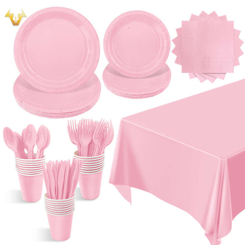 New solid color set, light pink towels, cups, paper plates, tablecloths, disposable party supplies