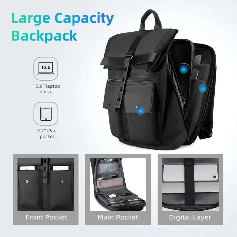 MARK RYDEN Black 15.6Inch Laptop Multifunctional Waterproof Backpack Daily Travel Bag Casual School Rucksack