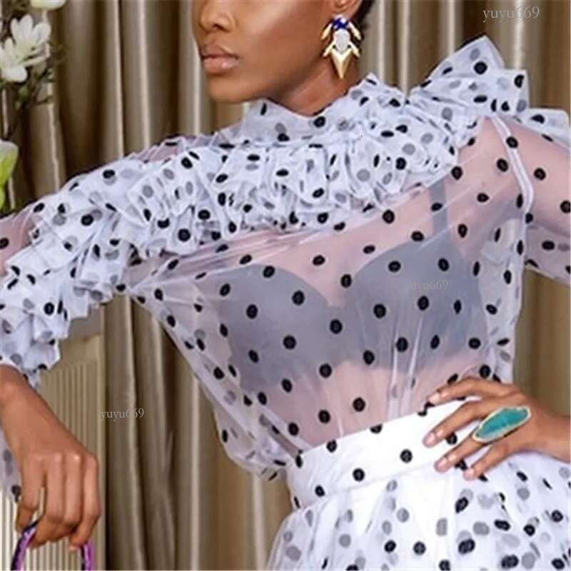 Women Blouses Tops Polka Dot Ruffles Thin Tulle Transparent Shirts See Through Elegant Lady Fashion Summer Spring Classy Female