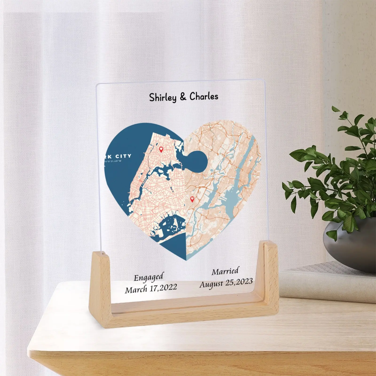 Customized Heart Shape Map Photo Personalized Couple Two Locations Picture Frame Bedroom Desktop Decoration Gift for Lover H260306