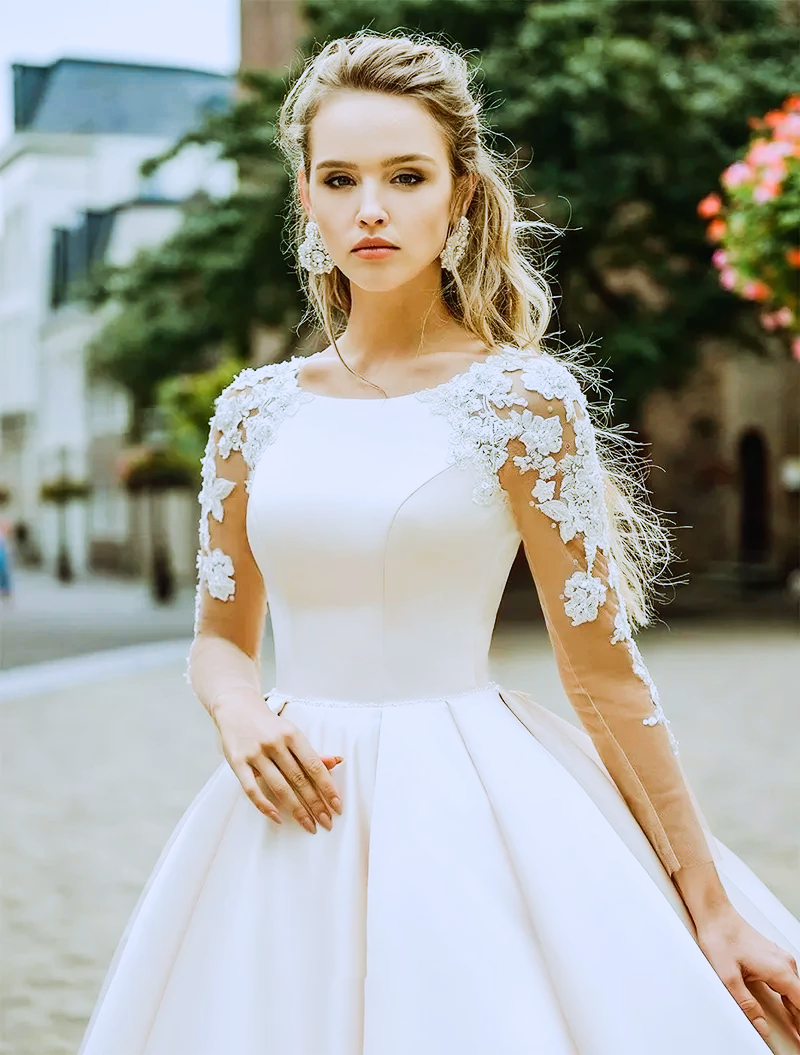 Illusion Long Sleeves Satin Wedding Dresses Lace Appliques Pleats Long Bridal Gowns Open Back Court Trian Garden Bride Dress Custom Made 2025