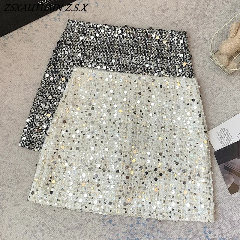 Hepburn Style Aline Skirt Women Sexy Mini High Waist Slim Heavy Sequin Wool Female Korean Allmatch Super Fashion 250106