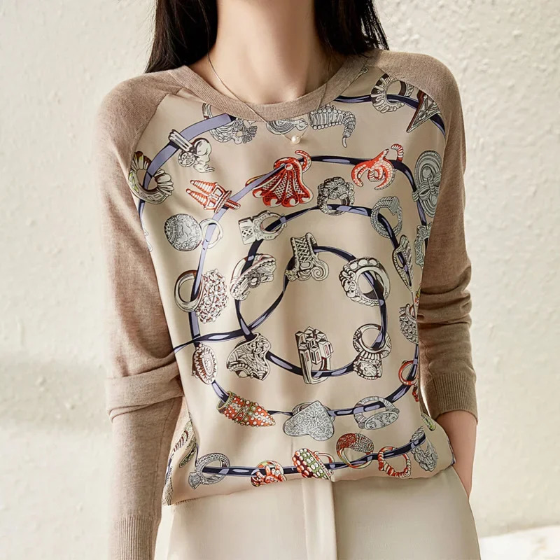 Spring Autumn Fashion Printing Round Neck Long Sleeve Knitting Pullovers Women Elegant Korean Style Allmatch Tops 250108