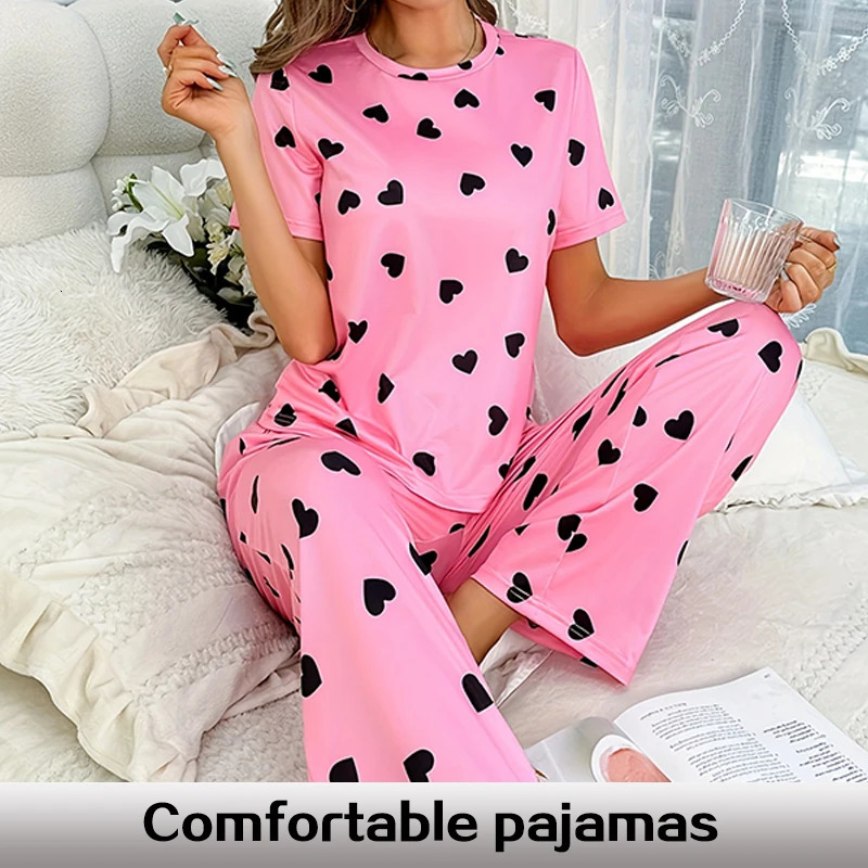 Two Piece Summer Selling Womens Home Leisure and Comfortable Pink Print Love Pajama Set 250110
