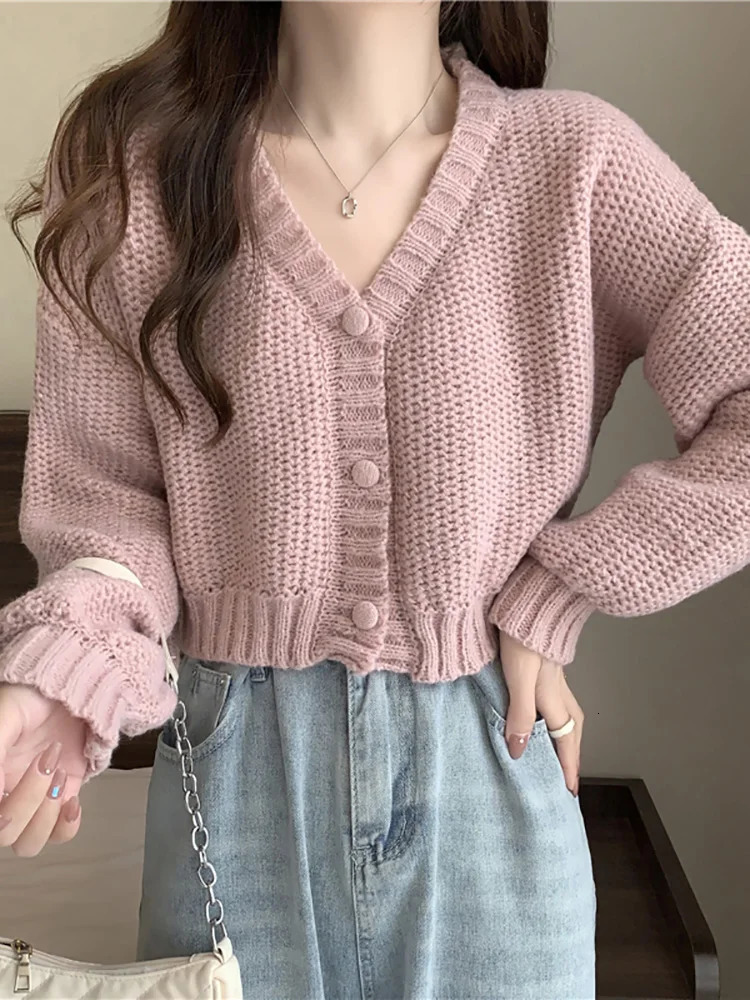 EVNISI Women Slim Sweater Cardigan V-Neck Button Up Casual Solid Knitting Sweater Coat Sweet For Women Cardigan Coat Autumn 250106