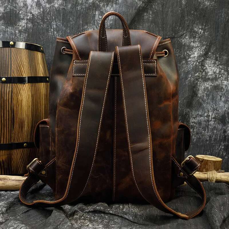 Vintage Crazy Horse Mens Thick Genuine Leather Women Rucksack Big Capacity Travel Bag School Backpack