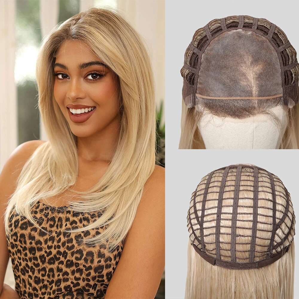 Layered Synthetic Wigs Dark Brown White Blonde Ombre MONO Top 4X4 Lace Front Wig FUTURA Hair for Women Daily Party Mono