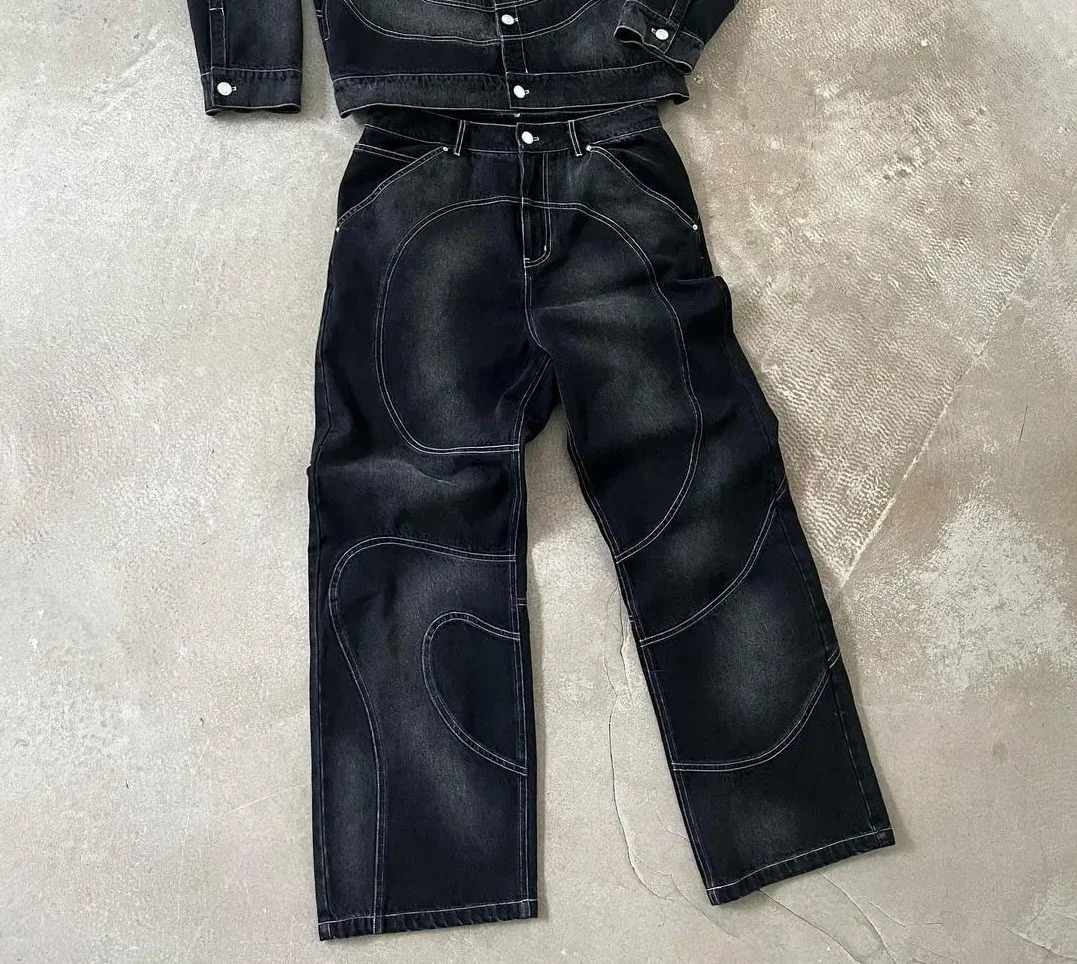 Y2K fashionable retro black men patchwork jeans loose Gothic high waisted Harajuku washed punk straight leg pants 250109