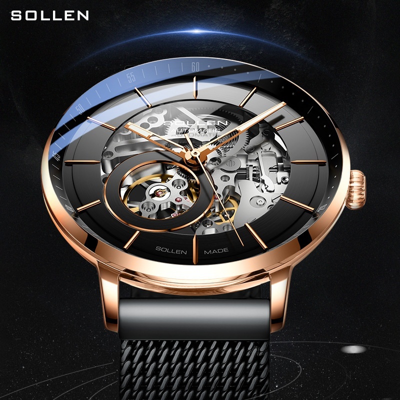 Solen Men's Automatic Skeleton Mechanical Watch with Full Steel Mesh Strap
