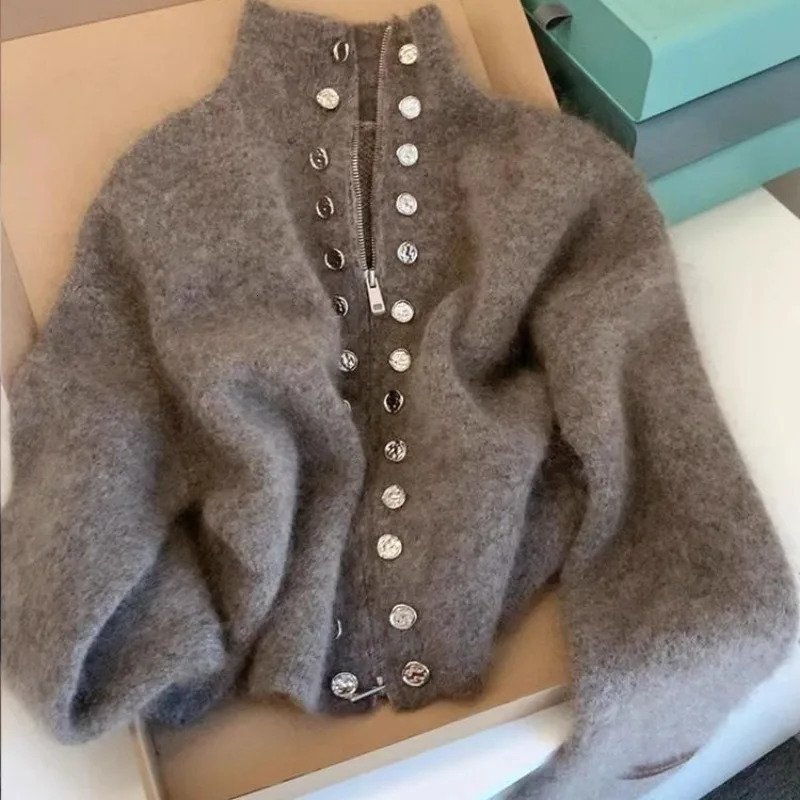 Zipper Elegant Gray Knitted Cardigans Double Breasted Decor Korean Sweaters Stand-up Collar Vintage Thick Coats Women Clothing 250106