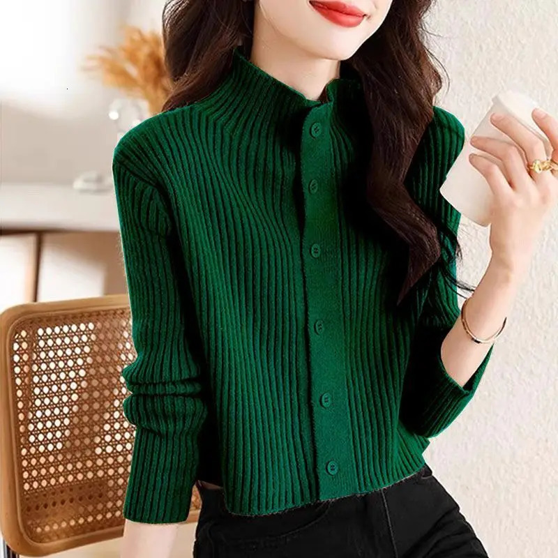 Spring Autumn Short Knitted Cardigan Jacket Women Stand Collar Long Sleeve Sweater Coat Casual Cardigan Sweater Solid Female Top 250106