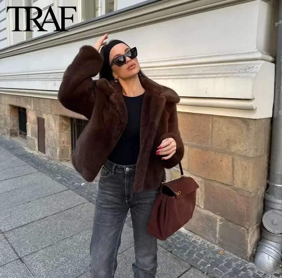 TRAF Faux Jacket For Women Fashion 2024 Winter New Artificial Fur Effect Lapel Long Sleeved Short Coats Chic Ladies Top