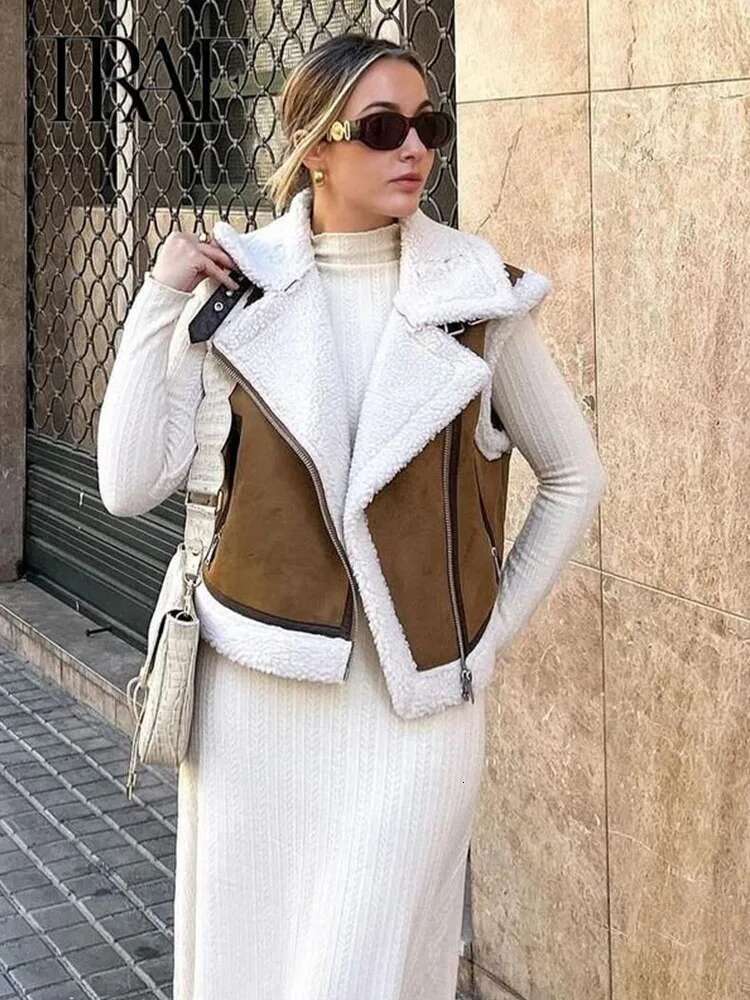 TRAF 2023 Autumn Female Fashion Faux Leather Lambswool Patchwork Sleeveless Vest Jacket Thickening Warm Zip Waistcoats Coat
