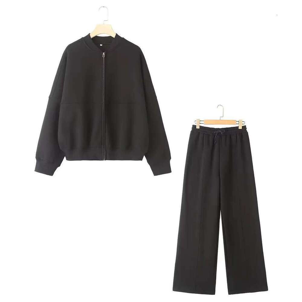 Women's Wear 2-Piece Retro Solid Color Zipper Bomber Jacket Sweatshirt + High-Waisted Lace-Up Women's Loose Veet Pants Suit