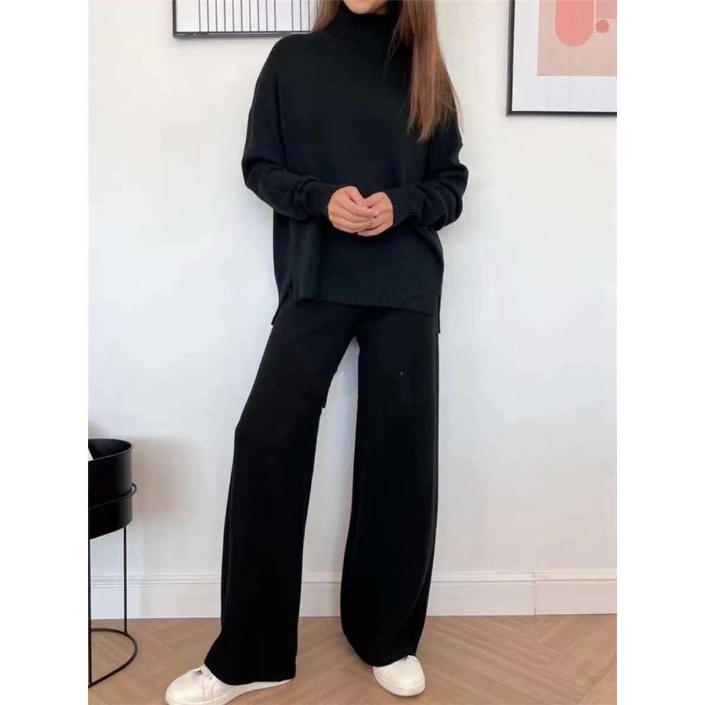 Women's Wear Autumn Winter 2 Pieces Women Sets Knitted Tracuit Turtleneck Sweater And Straight Jogging Pants Suits