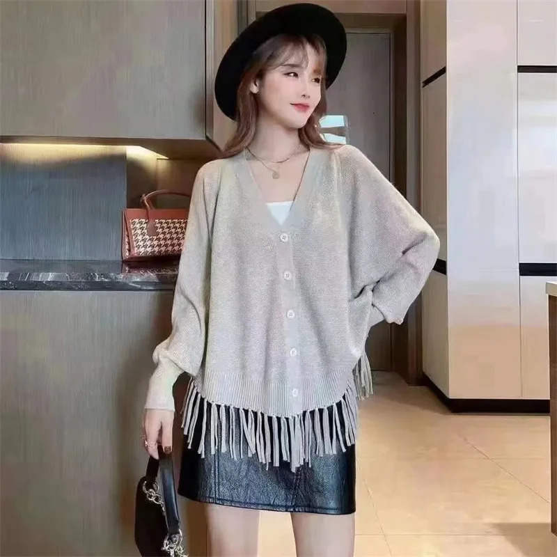 Fringed Bat Shirt Knit Cardigan Women Fashion Loose Coat Spring Autumn Short Jacket Foreign Sweater Outerwear Female Top 250108