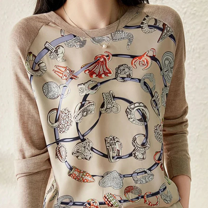 Spring Autumn Fashion Printing Round Neck Long Sleeve Knitting Pullovers Women Elegant Korean Style Allmatch Tops 250108