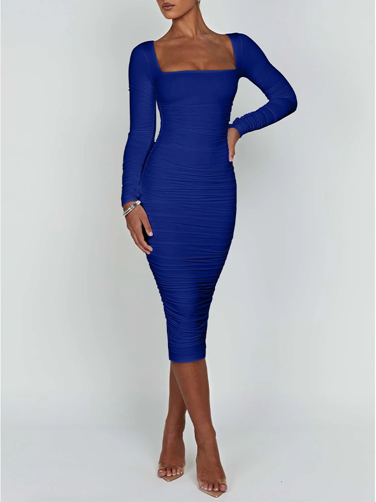 Autumn and Winter Women Sexy Bodycon Dress Square Neck Long Sleeved Ladies Evening Dresses 250106