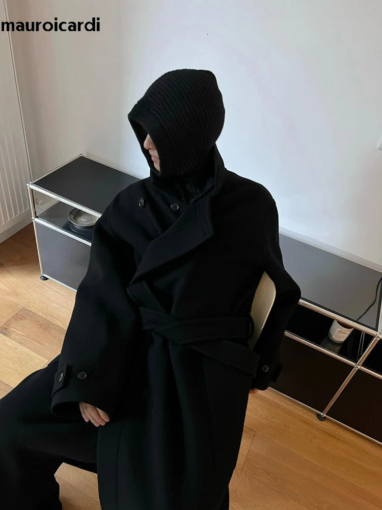 Mauroicardi Autumn Winter Oversized Long Thick Soft Warm Black Wool Blends Coat Men Clothes Woolen Overcoat 2024 250106